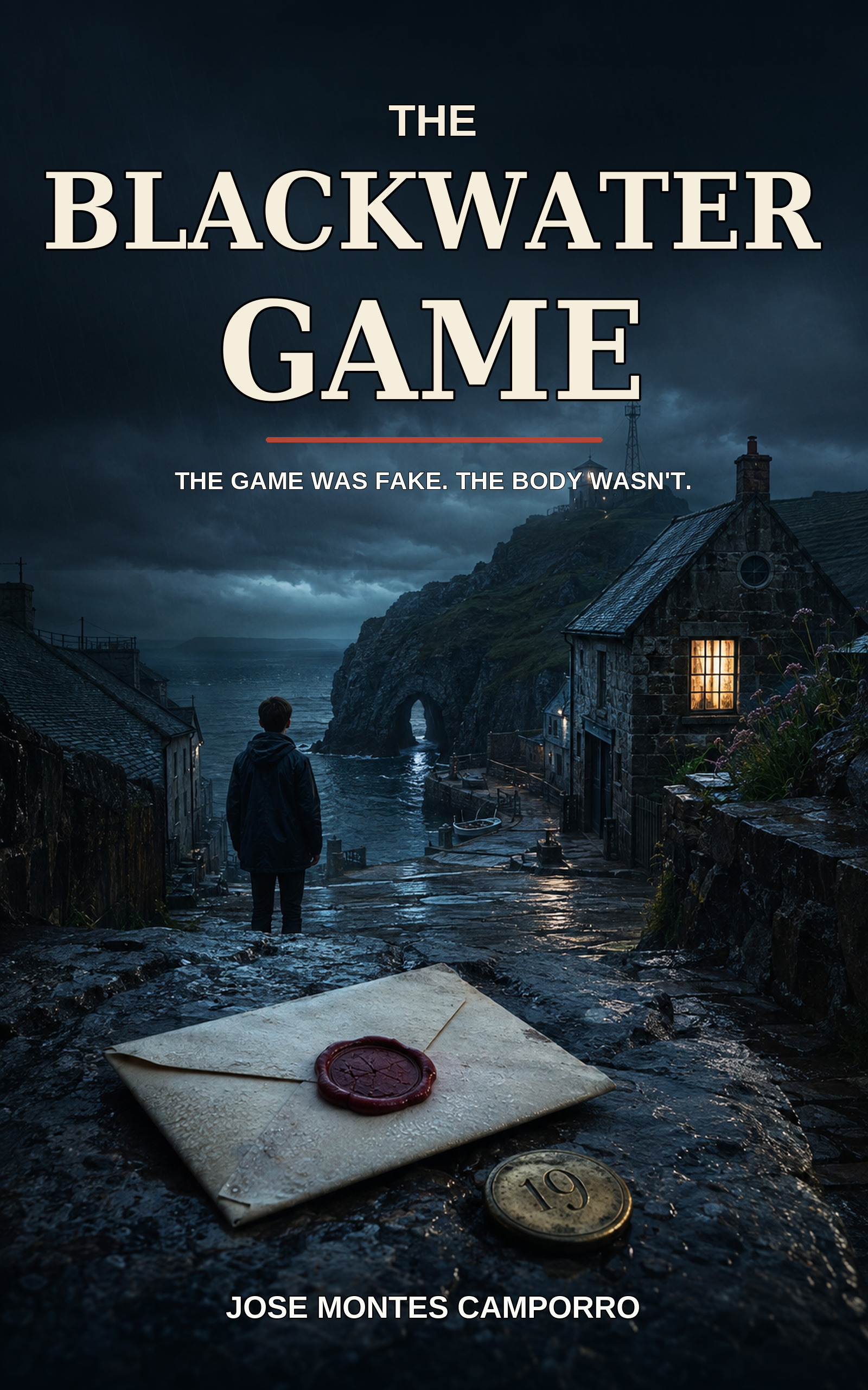 The Blackwater Game by Jose Montes Camporro: a boy above a dark harbour, an envelope and a numbered token.